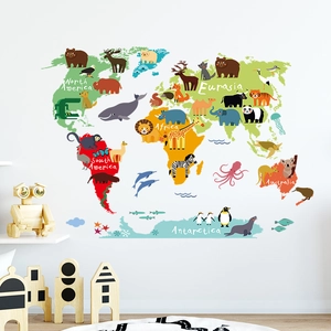 Cartoon world map wall sticker with colorful animals for kids' bedroom decoration