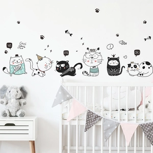 Stickers muraux chatons mignons pour chambre d'enfant avec motifs de chats dessinés à la main