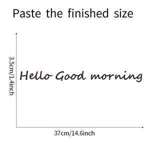 Detailed wall sticker size chart showing Hello Good Morning decal measuring 37cm by 3.5cm
