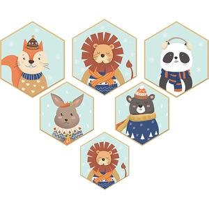 Set of 6 hexagonal winter cartoon animal wall stickers for kids room decoration