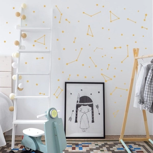 Minimalist gold star and constellation wall stickers in a cozy Nordic nursery decor
