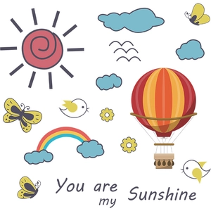 Stickers muraux dessin animé avec soleil, montgolfière, arc-en-ciel et texte inspirant