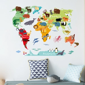 Cartoon animal world map wall sticker for kids bedroom with colorful continents and polar bears