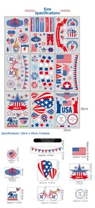 Detailed size chart for USA Independence Day static window stickers showing 9 sheets set