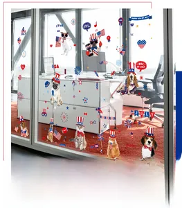 Detail of USA Independence Day window clings featuring festive pets and patriotic motifs