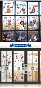 Detail of Independence Day window stickers with patriotic pets and 4th of July motifs
