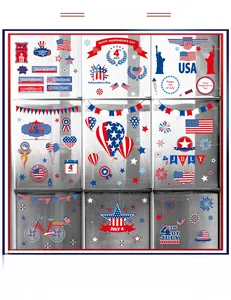 Detailed view of July 4th window clings set with flag, stars and fireworks decor