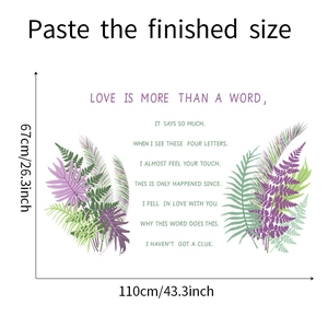 Detailed view of fern leaf wall decal dimensions and English quote for home decor