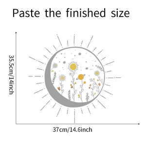 Detailed view of sun and moon wall sticker with floral patterns and dimension markings