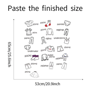 Size guide for cartoon clothing wall decals featuring icons like shirts and pants