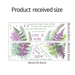 Detail showing two sheets of green fern leaf wall stickers with motivational English text