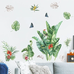 Adesivi murali tropicali con foglie di monstera, fiori e uccelli in stile acquerello
