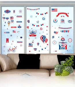 Close-up of 4th of July static window decals with American flags and star patterns