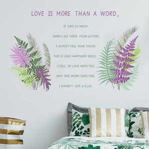 Bedroom wall sticker featuring green and purple fern leaves with English love poem text