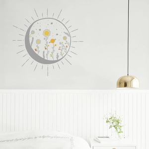Modern cartoon sunflower and planet wall sticker applied in a minimalist bedroom decor