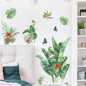 Adesivi murali tropicali con foglie di monstera, fiori e uccelli per decorazione casa