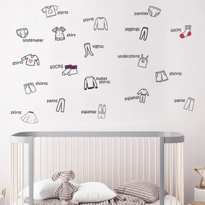 Wardrobe organization wall stickers with clothing icons and English labels for kids room