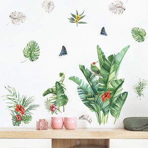 Adesivi murali con foglie di monstera e uccelli per decorazione di interni nordici