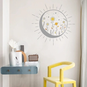 Modern solar eclipse sunflower wall decal with yellow floral accents for home decor