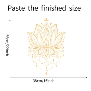 Guide des dimensions du sticker mural mandala lotus doré affichant la taille 56x38cm