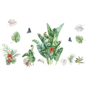 Adesivi murali con foglie tropicali di monstera e uccelli ad acquerello per decorazione