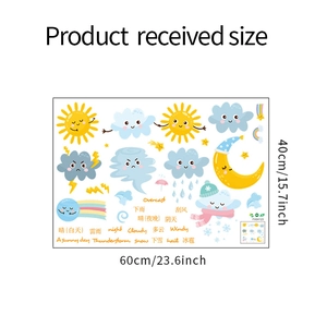 Detailed size specifications for cartoon weather wall stickers with English labels