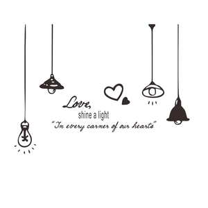 Adesivo murale nero minimalista con lampadine sospese e frasi d'amore a cuore