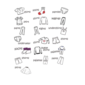 Wardrobe label stickers featuring hand-drawn clothing icons and English text for organizing