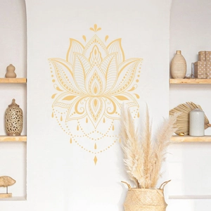 Sticker Mural Mandala de Lotus Doré en PVC Symétrique Floral Zen pour Salon Chambre Yoga Studio Boho Décoration de Maison
