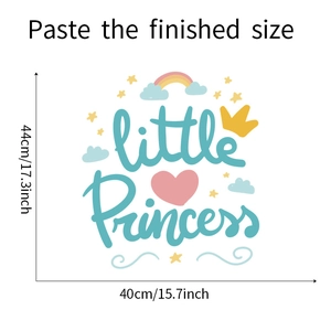 Detail showing Little Princess rainbow wall sticker dimensions and cartoon design