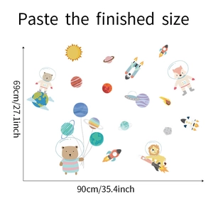 Detailed view of cartoon astronaut animals wall stickers showing finished size 90x69cm