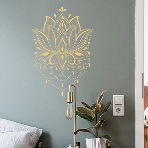 Sticker mural mandala lotus doré pour décoration minimaliste de salon et de chambre à coucher