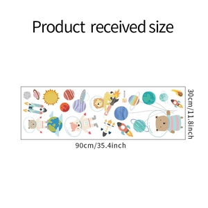 Detailed size chart for cartoon space animals wall stickers showing 90x30cm dimensions