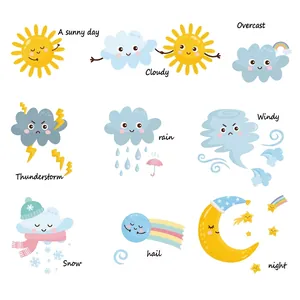 Cartoon weather wall stickers set with smiling sun, clouds and moon for nursery decor