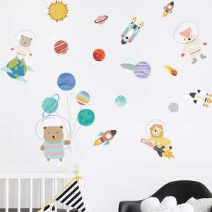 Cartoon animal astronaut space wall decals with planets for children bedroom decor