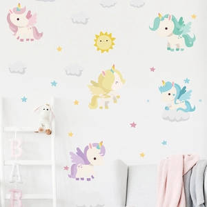 Bunte Einhorn- und Sonnenwandsticker für das Kinderzimmer aus wasserfestem PVC-Material