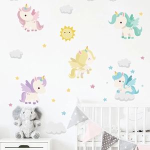 Bunte Einhorn- und Sonnen-Wandaufkleber für Kinderzimmer Deko mit Cartoon-Elementen