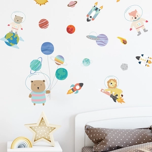Cute cartoon astronaut animal wall stickers in macaron colors for kids bedroom decor