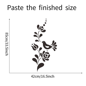 Paste size details of black floral and bird wall sticker showing 85cm height dimensions