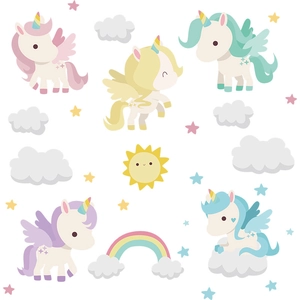 Cartoon Einhorn Wandtattoo Set mit Sonne und Regenbogen für Kinderzimmer Deko