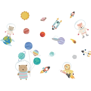 Cartoon animal astronaut wall decals with space rocket and planets for nursery room