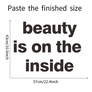 Detailed dimension guide for 'Beauty is on the inside' wall sticker measuring 57x43cm