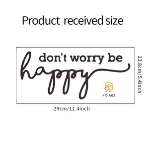 Détail du sticker mural Don't Worry Be Happy avec dimensions 29cm x 13,8cm