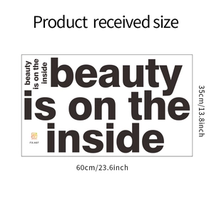 Detail showing the dimensions 60x35cm for the Beauty Is On The Inside wall sticker