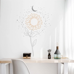 Artistic sunflower and moon wall sticker set in orange and grey for living room decor