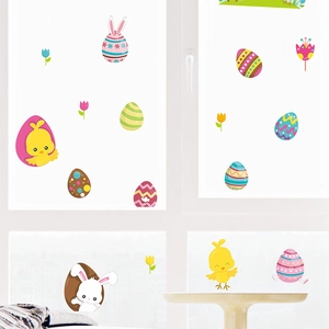 Cartoon Easter wall stickers featuring colorful eggs, bunnies, and yellow chicks for decor