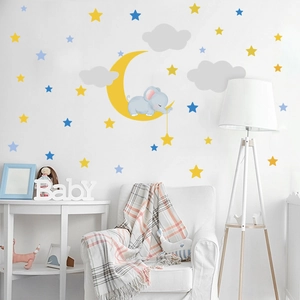 Cartoon elephant on yellow moon with stars and clouds wall stickers for kids nursery