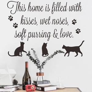 Cute black cat silhouette wall sticker with English home quote and paw prints decor