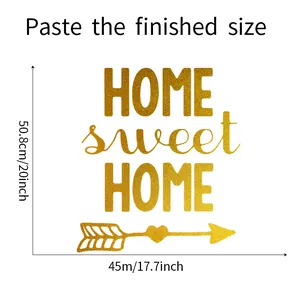 Size guide for Home Sweet Home gold glitter wall decal showing 50.8cm by 45cm dimensions