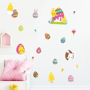 Easter wall stickers featuring cartoon bunnies, chicks, and colorful eggs for nursery decor